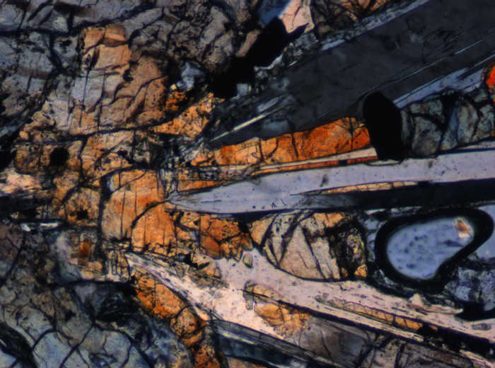 Thin Section Photograph of Apollo 12 Sample 12055,7 in Cross-Polarized Light at 10x Magnification and 0.7 mm Field of View (View #6)