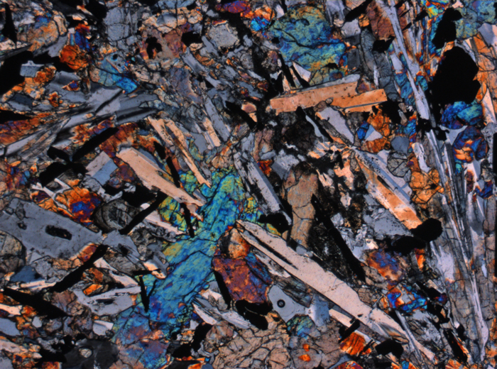 Thin Section Photograph of Apollo 12 Sample 12063,11 in Cross-Polarized Light at 2.5x Magnification and 2.85 mm Field of View (View #1)