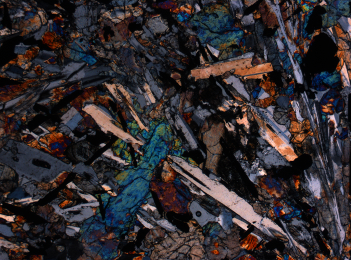 Thin Section Photograph of Apollo 12 Sample 12063,11 in Cross-Polarized Light at 2.5x Magnification and 2.85 mm Field of View (View #1)