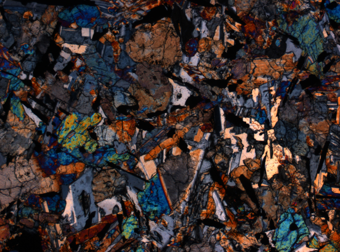 Thin Section Photograph of Apollo 12 Sample 12063,11 in Cross-Polarized Light at 2.5x Magnification and 2.85 mm Field of View (View #2)