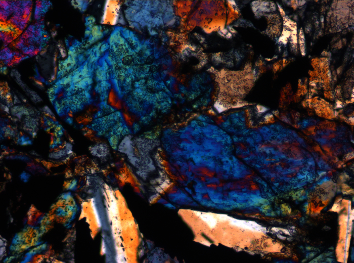 Thin Section Photograph of Apollo 12 Sample 12063,11 in Cross-Polarized Light at 10x Magnification and 0.7 mm Field of View (View #3)