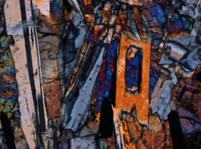 Thin Section Photograph of Apollo 12 Sample 12063,11 in Cross-Polarized Light at 10x Magnification and 0.7 mm Field of View (View #4)