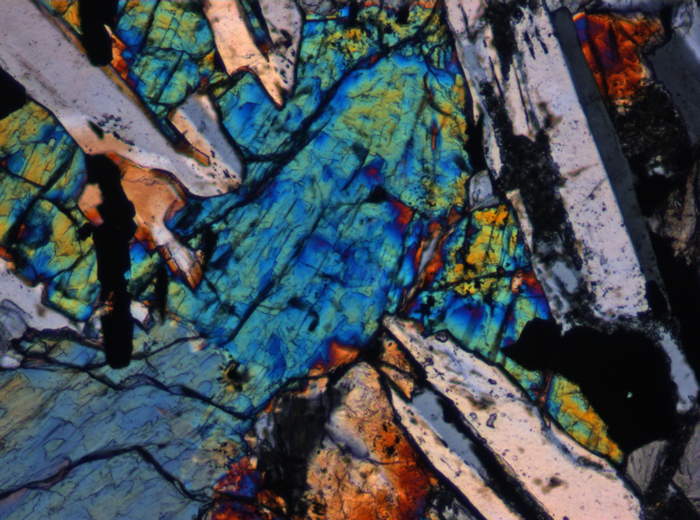 Thin Section Photograph of Apollo 12 Sample 12063,11 in Cross-Polarized Light at 10x Magnification and 0.7 mm Field of View (View #5)
