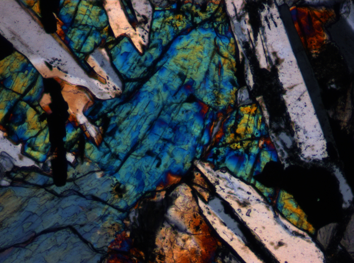 Thin Section Photograph of Apollo 12 Sample 12063,11 in Cross-Polarized Light at 10x Magnification and 0.7 mm Field of View (View #5)