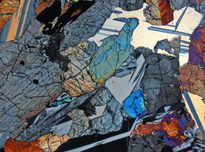 Thin Section Photograph of Apollo 12 Sample 12064,6 in Cross-Polarized Light at 2.5x Magnification and 2.85 mm Field of View (View #2)