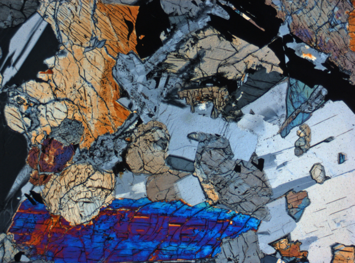 Thin Section Photograph of Apollo 12 Sample 12064,6 in Cross-Polarized Light at 2.5x Magnification and 2.85 mm Field of View (View #3)