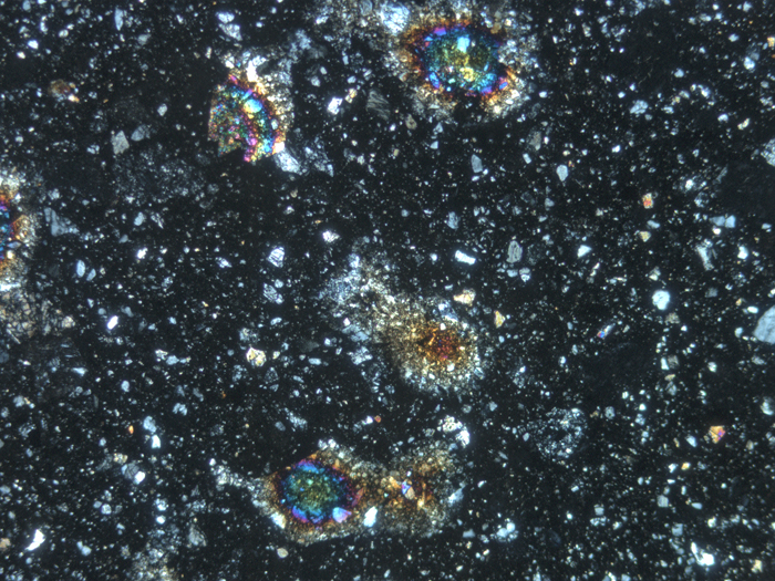 Thin Section Photograph of Apollo 14 Sample 14047,50 in Cross-Polarized Light at 5x Magnification and 2.3 mm Field of View (View #1)