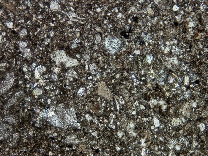 Thin Section Photograph of Apollo 14 Sample 14047,50 in Plane-Polarized Light at 10x Magnification and 1.15 mm Field of View (View #2)