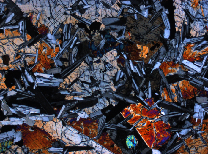 Thin Section Photograph of Apollo 14 Sample 14072,11 in Cross-Polarized Light at 2.5x Magnification and 2.85 mm Field of View (View #1)