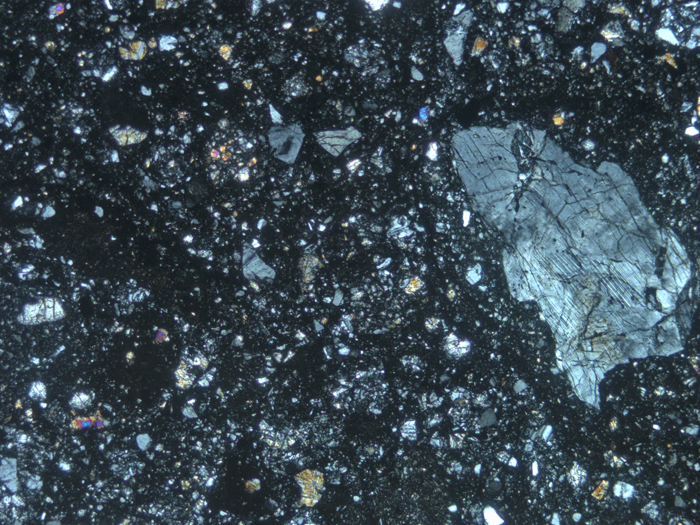 Thin Section Photograph of Apollo 14 Sample 14301,10 in Cross-Polarized Light at 5x Magnification and 2.3 mm Field of View (View #1)