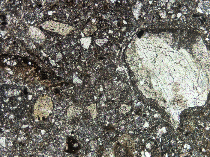 Thin Section Photograph of Apollo 14 Sample 14301,10 in Plane-Polarized Light at 5x Magnification and 2.3 mm Field of View (View #1)