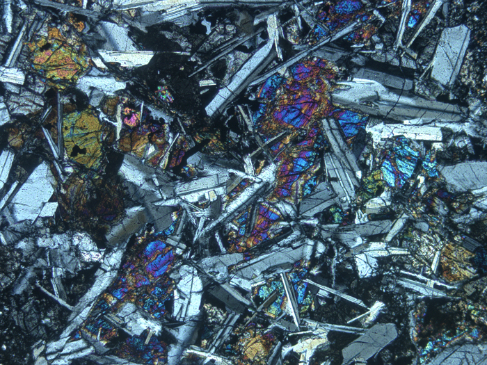 Thin Section Photograph of Apollo 14 Sample 14305,14 in Cross-Polarized Light at 5x Magnification and 2.3 mm Field of View (View #1)