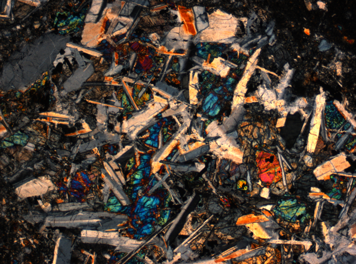 Thin Section Photograph of Apollo 14 Sample 14305,14 in Cross-Polarized Light at 2.5x Magnification and 2.85 mm Field of View (View #6)