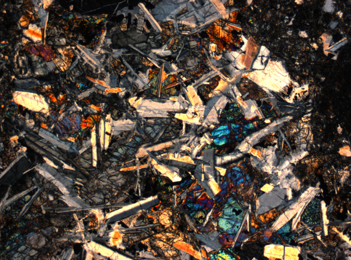 Thin Section Photograph of Apollo 14 Sample 14305,14 in Cross-Polarized Light at 2.5x Magnification and 2.85 mm Field of View (View #13)