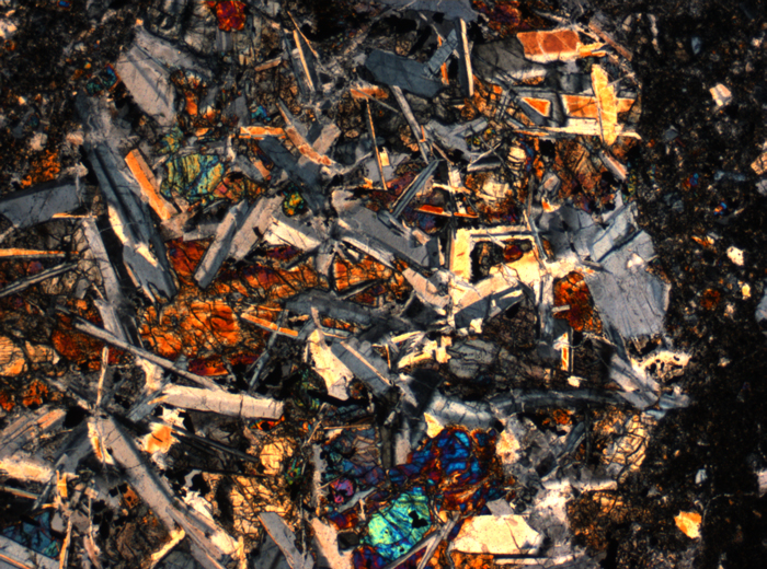 Thin Section Photograph of Apollo 14 Sample 14305,14 in Cross-Polarized Light at 2.5x Magnification and 2.85 mm Field of View (View #19)