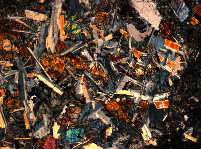 Thin Section Photograph of Apollo 14 Sample 14305,14 in Cross-Polarized Light at 2.5x Magnification and 2.85 mm Field of View (View #25)