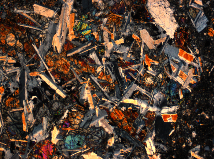 Thin Section Photograph of Apollo 14 Sample 14305,14 in Cross-Polarized Light at 2.5x Magnification and 2.85 mm Field of View (View #26)