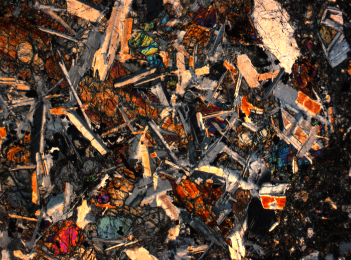 Thin Section Photograph of Apollo 14 Sample 14305,14 in Cross-Polarized Light at 2.5x Magnification and 2.85 mm Field of View (View #27)