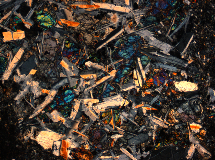 Thin Section Photograph of Apollo 14 Sample 14305,14 in Cross-Polarized Light at 2.5x Magnification and 2.85 mm Field of View (View #46)