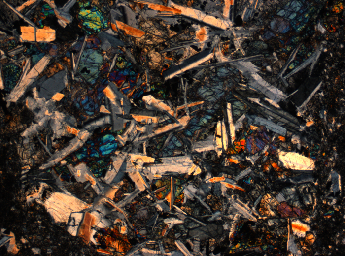 Thin Section Photograph of Apollo 14 Sample 14305,14 in Cross-Polarized Light at 2.5x Magnification and 2.85 mm Field of View (View #48)