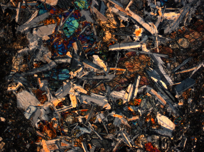 Thin Section Photograph of Apollo 14 Sample 14305,14 in Cross-Polarized Light at 2.5x Magnification and 2.85 mm Field of View (View #52)