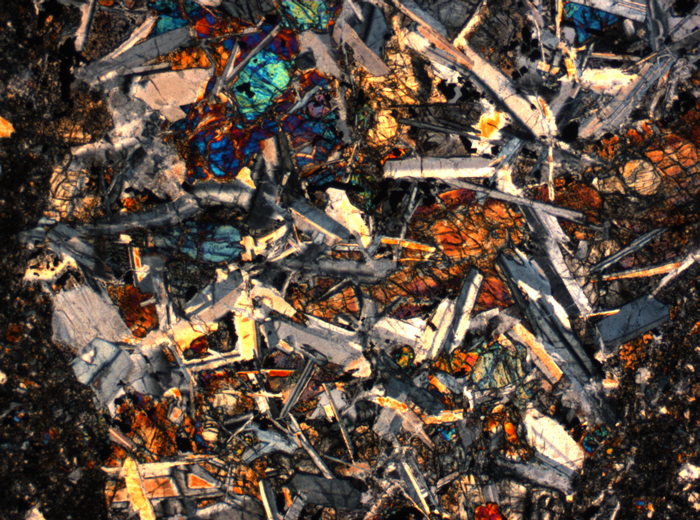 Thin Section Photograph of Apollo 14 Sample 14305,14 in Cross-Polarized Light at 2.5x Magnification and 2.85 mm Field of View (View #53)