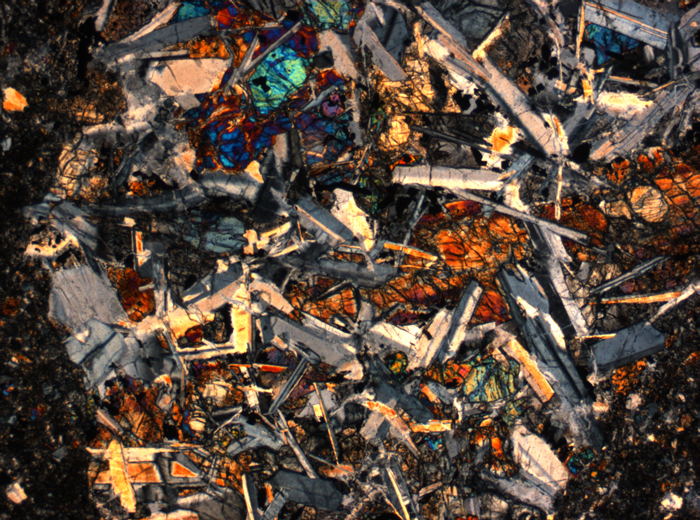 Thin Section Photograph of Apollo 14 Sample 14305,14 in Cross-Polarized Light at 2.5x Magnification and 2.85 mm Field of View (View #54)
