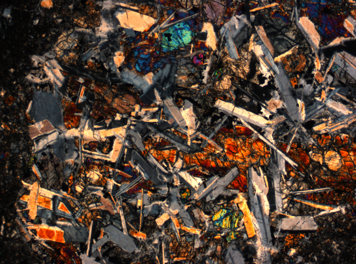Thin Section Photograph of Apollo 14 Sample 14305,14 in Cross-Polarized Light at 2.5x Magnification and 2.85 mm Field of View (View #58)