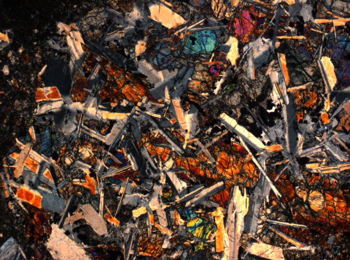 Thin Section Photograph of Apollo 14 Sample 14305,14 in Cross-Polarized Light at 2.5x Magnification and 2.85 mm Field of View (View #61)