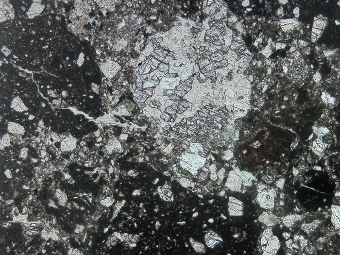 Thin Section Photograph of Apollo 14 Sample 14306,4 in Plane-Polarized Light at 5x Magnification and 2.3 mm Field of View (View #1)