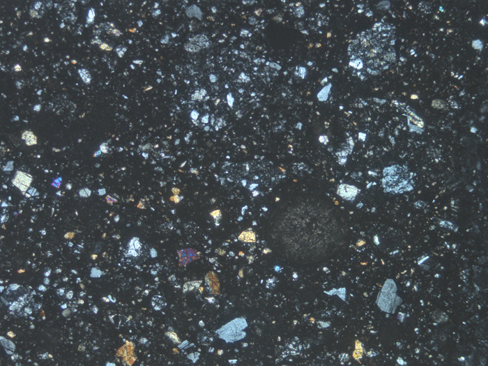Thin Section Photograph of Apollo 14 Sample 14307,9 in Cross-Polarized Light at 5x Magnification and 2.3 mm Field of View (View #1)