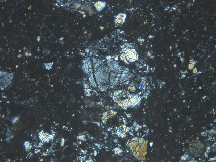 Thin Section Photograph of Apollo 14 Sample 14307,9 in Cross-Polarized Light at 10x Magnification and 1.15 mm Field of View (View #4)