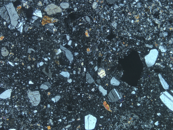 Thin Section Photograph of Apollo 14 Sample 14311,97 in Cross-Polarized Light at 5x Magnification and 2.3 mm Field of View (View #1)