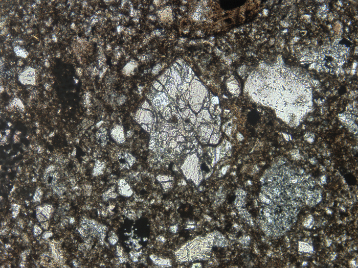 Thin Section Photograph of Apollo 14 Sample 14313,40 in Plane-Polarized Light at 10x Magnification and 1.15 mm Field of View (View #2)