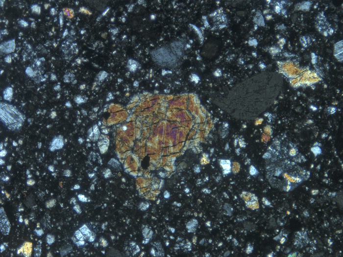 Thin Section Photograph of Apollo 14 Sample 14313,40 in Cross-Polarized Light at 10x Magnification and 1.15 mm Field of View (View #6)