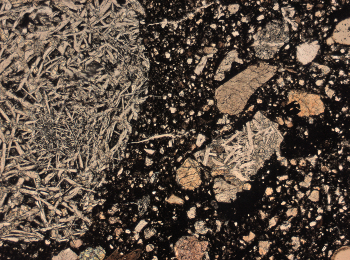 Thin Section Photograph of Apollo 15 Sample 15015,136 in Plane-Polarized Light at 2.5x Magnification and 2.85 mm Field of View (View #1)