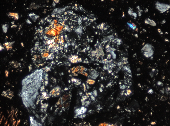 Thin Section Photograph of Apollo 15 Sample 15015,136 in Cross-Polarized Light at 10x Magnification and 0.7 mm Field of View (View #4)