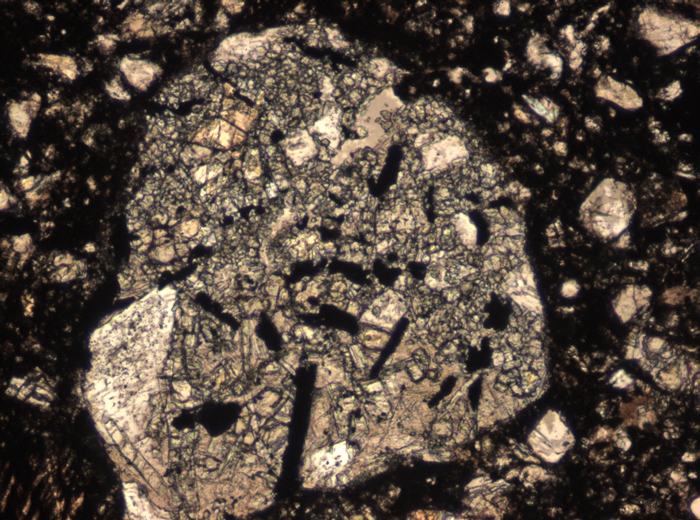 Thin Section Photograph of Apollo 15 Sample 15015,136 in Plane-Polarized Light at 10x Magnification and 0.7 mm Field of View (View #4)
