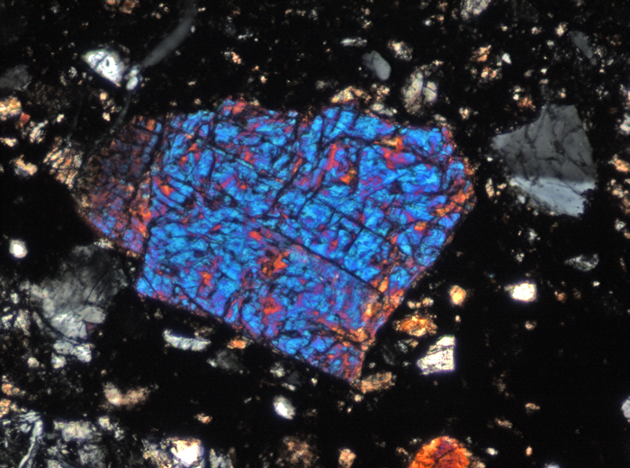 Thin Section Photograph of Apollo 15 Sample 15015,136 in Cross-Polarized Light at 10x Magnification and 0.7 mm Field of View (View #6)