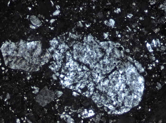 Thin Section Photograph of Apollo 15 Sample 15027,7 in Cross-Polarized Light at 10x Magnification and 0.7 mm Field of View (View #2)