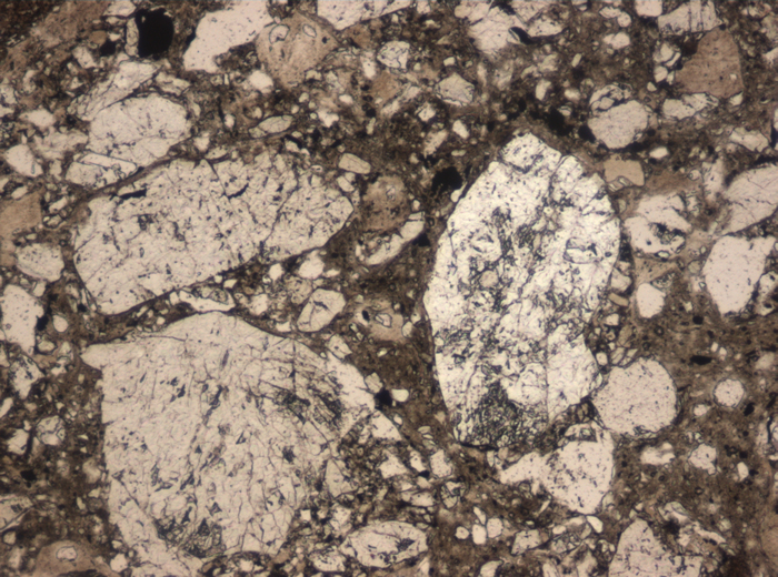 Thin Section Photograph of Apollo 15 Sample 15027,7 in Plane-Polarized Light at 10x Magnification and 0.7 mm Field of View (View #3)
