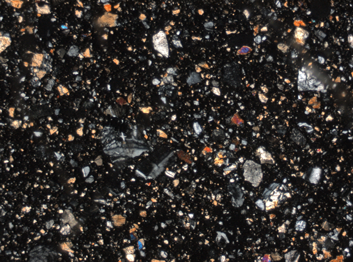 Thin Section Photograph of Apollo 15 Sample 15059,44 in Cross-Polarized Light at 2.5x Magnification and 2.85 mm Field of View (View #1)