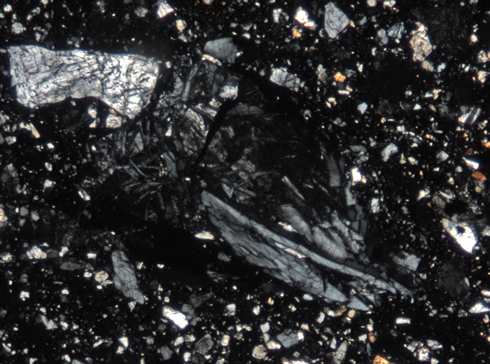 Thin Section Photograph of Apollo 15 Sample 15059,44 in Cross-Polarized Light at 5x Magnification and 1.4 mm Field of View (View #3)