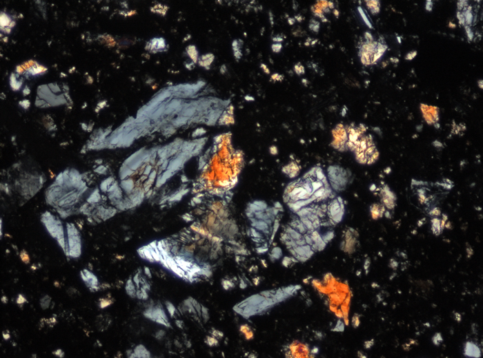 Thin Section Photograph of Apollo 15 Sample 15059,44 in Cross-Polarized Light at 10x Magnification and 0.7 mm Field of View (View #4)