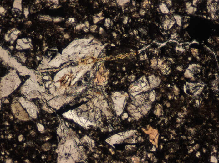 Thin Section Photograph of Apollo 15 Sample 15059,44 in Plane-Polarized Light at 10x Magnification and 0.7 mm Field of View (View #4)
