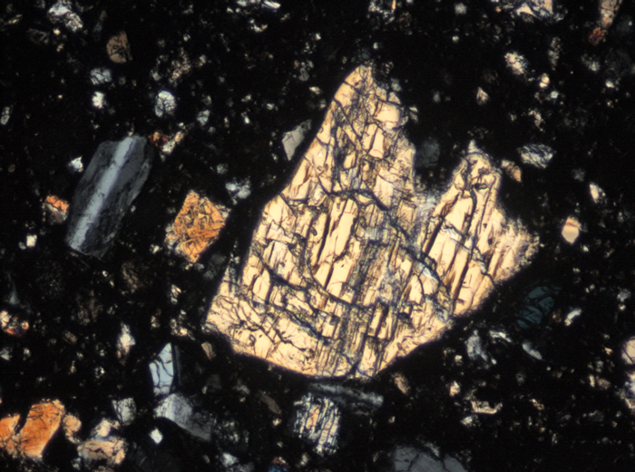 Thin Section Photograph of Apollo 15 Sample 15059,44 in Cross-Polarized Light at 10x Magnification and 0.7 mm Field of View (View #5)