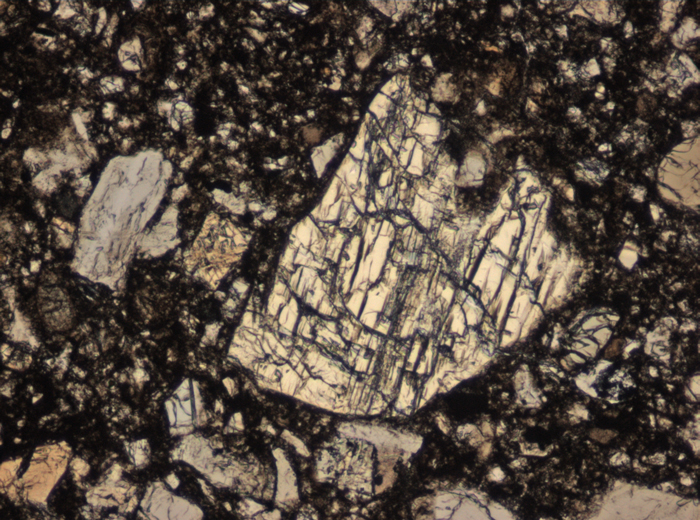 Thin Section Photograph of Apollo 15 Sample 15059,44 in Plane-Polarized Light at 10x Magnification and 0.7 mm Field of View (View #5)