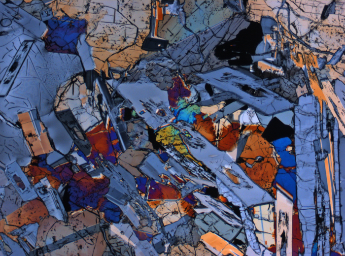 Thin Section Photograph of Apollo 15 Sample 15075,42 in Cross-Polarized Light at 2.5x Magnification and 2.85 mm Field of View (View #1)