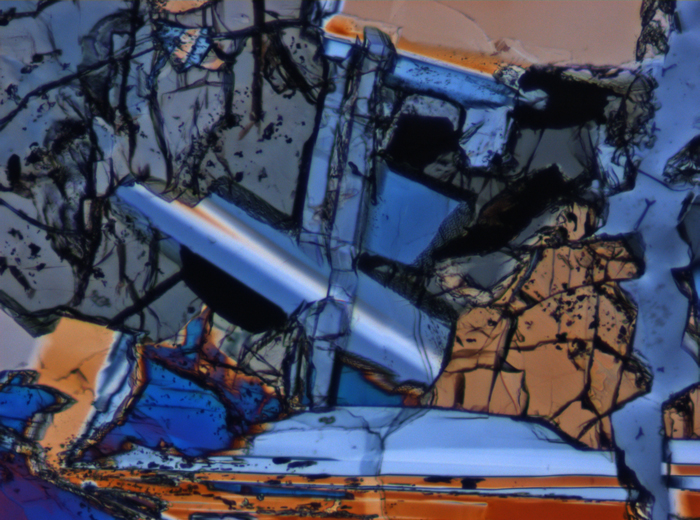 Thin Section Photograph of Apollo 15 Sample 15075,42 in Cross-Polarized Light at 10x Magnification and 0.7 mm Field of View (View #4)