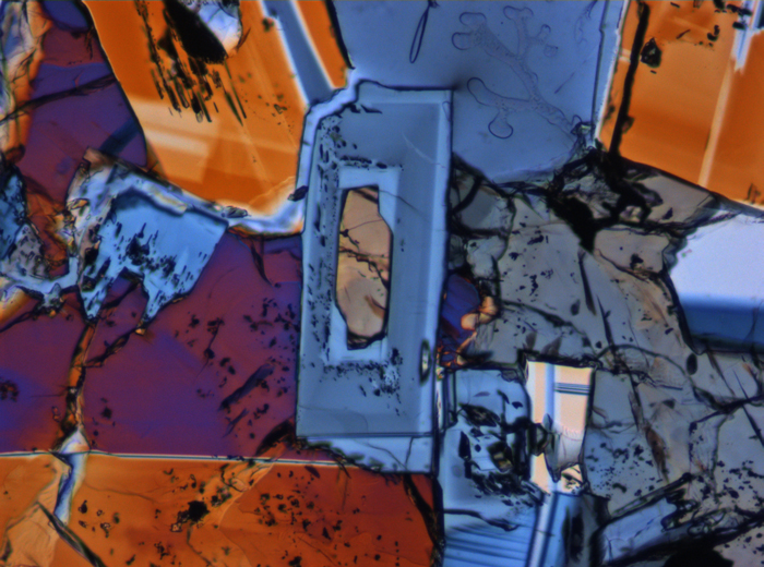 Thin Section Photograph of Apollo 15 Sample 15075,42 in Cross-Polarized Light at 10x Magnification and 0.7 mm Field of View (View #6)